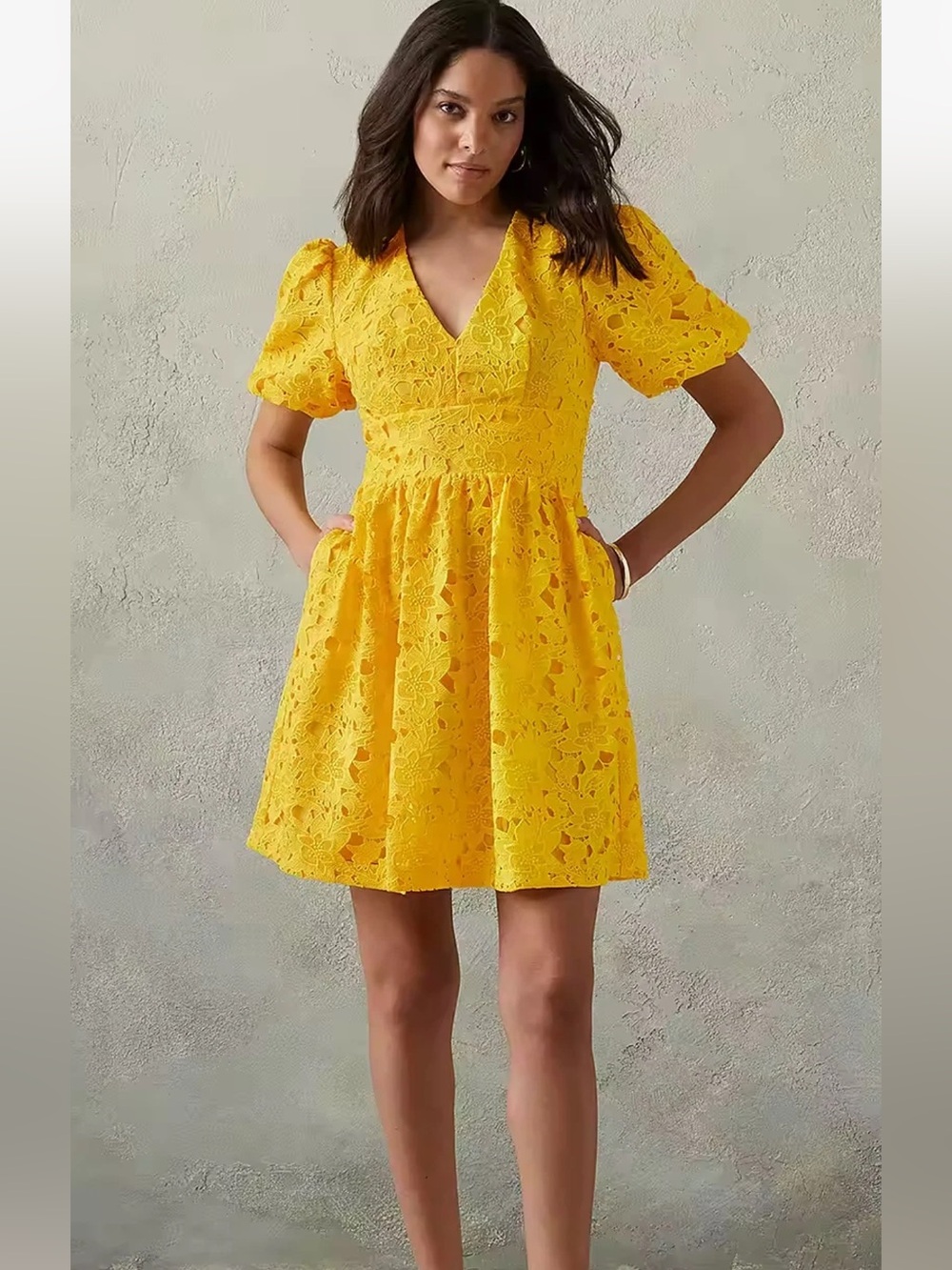 Prabal Gurung Yellow Lace V-Neck Mini Dress